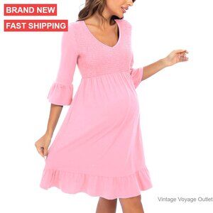 3/4 Sleeve Maternity Dress V Neck Smocked Waist Flowy Midi Boho